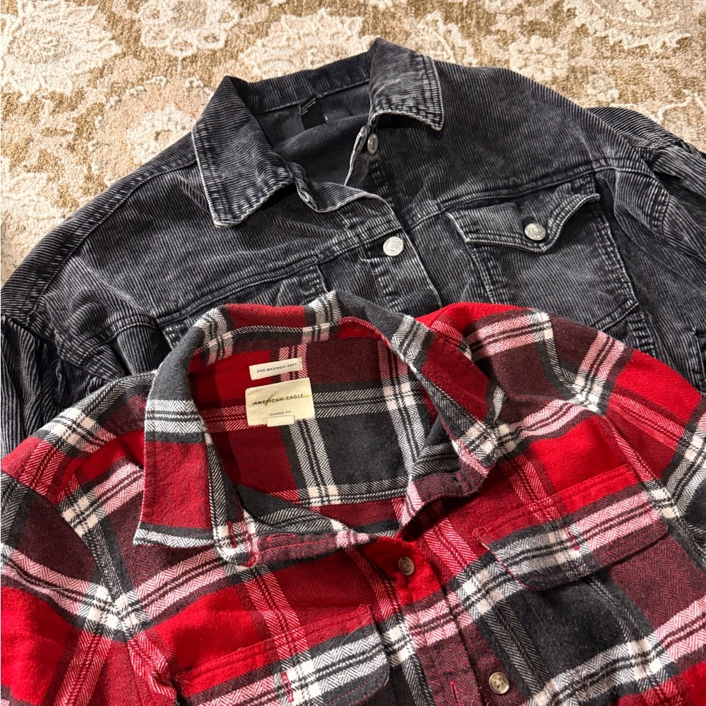 Bundle Black Corduroy Jacket + Red Plaid Flannel Shirt